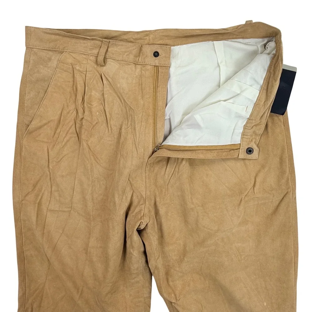 Claude Lamont Suede Pants Men 38 Tan Silky Leather‎ Pleated Raw Hem Lined NEW